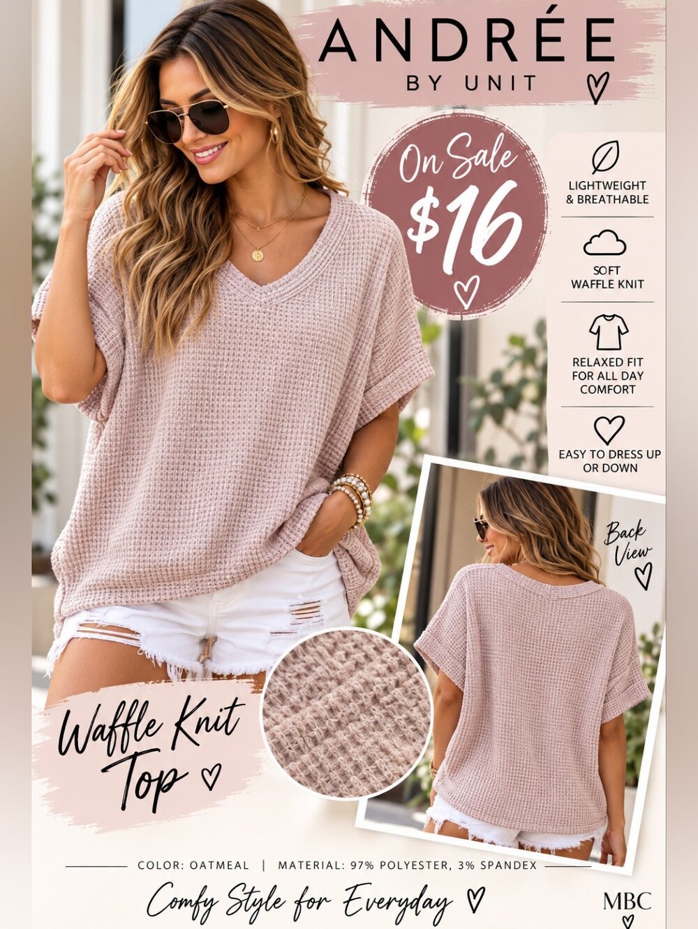 Andree by Unit Oatmeal Waffle Knit V-Neck Top